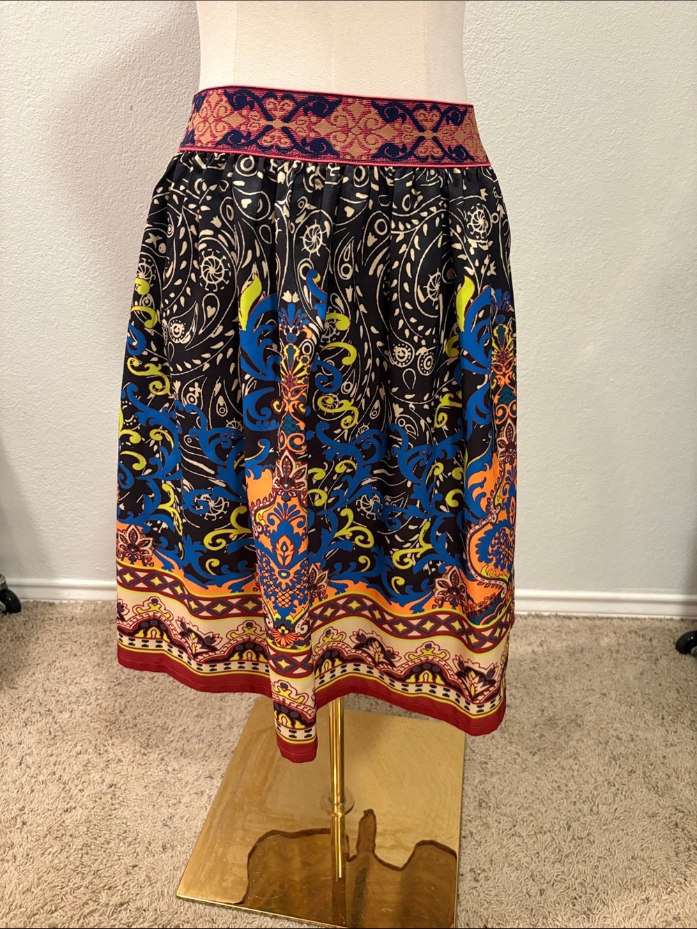 Flying Tomato Black A-Line Midi Skirt with Blue, Orange & Yellow Print